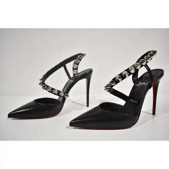 Christian Louboutin Spikita Pump 100 Black Silver Spike Strappy Sandal Heel 39 - Picture 9 of 12
